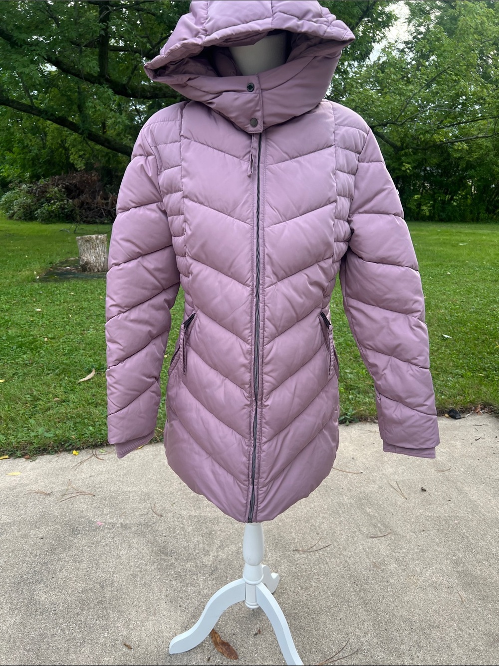 Calvin Klein Sorona Aura Chevron Quilted Hooded Puffer Jacket Lavender Size M